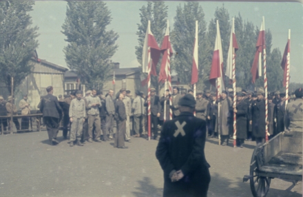 Yeni kurtarılmış Dachau Toplama Kampının dışında bir kırmızı beyaz bayraklarla bir kutlama için Mayıs 1945'te toplanmış eski tutsaklar (Foto: Albay Alexander Zabin, Holocaust Müzesi, USA)